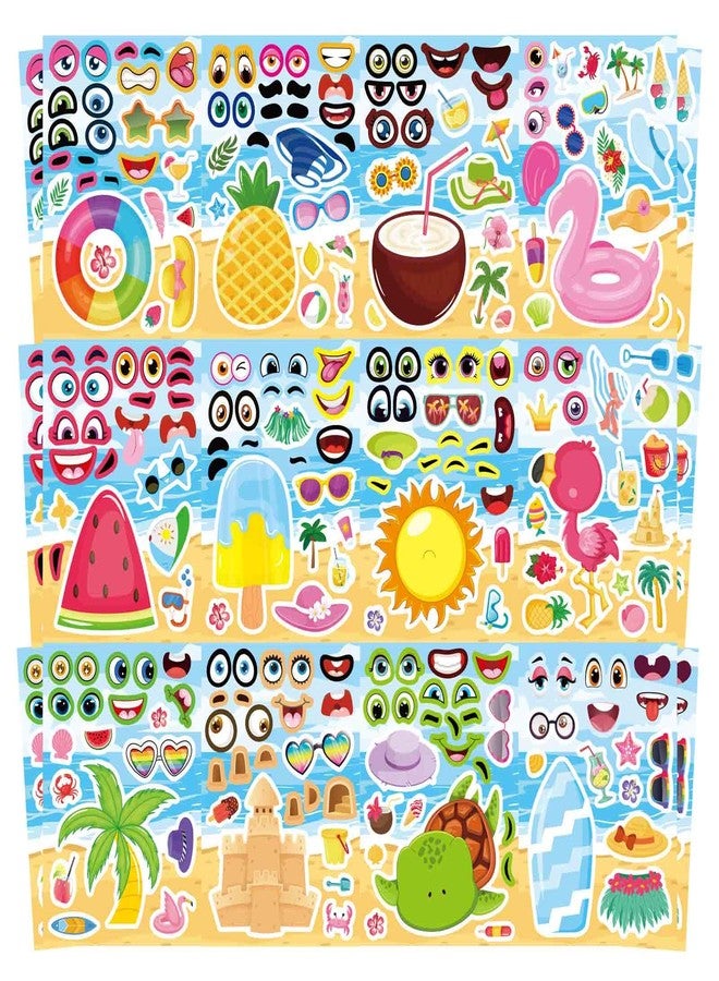 OTAITY 24 Sheets Summer Stickers, Make a Face Sticker for Kids, Hawaii Tropical Pool Beach Stickers, Make Your Own Sticker with Pineapple Flamingo Beverage, Summer Holiday Party Favors - Image 1