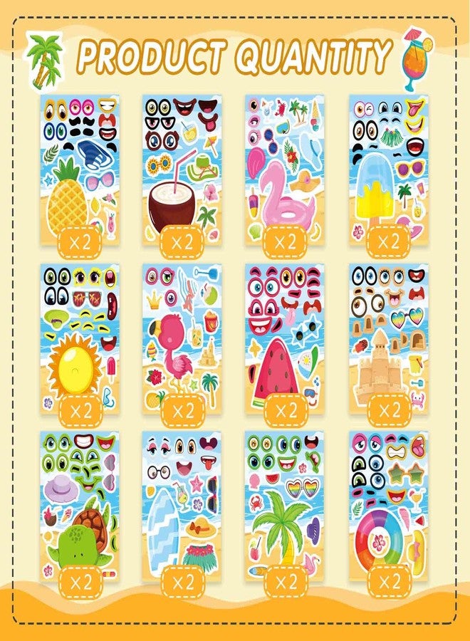 OTAITY 24 Sheets Summer Stickers, Make a Face Sticker for Kids, Hawaii Tropical Pool Beach Stickers, Make Your Own Sticker with Pineapple Flamingo Beverage, Summer Holiday Party Favors - Image 3