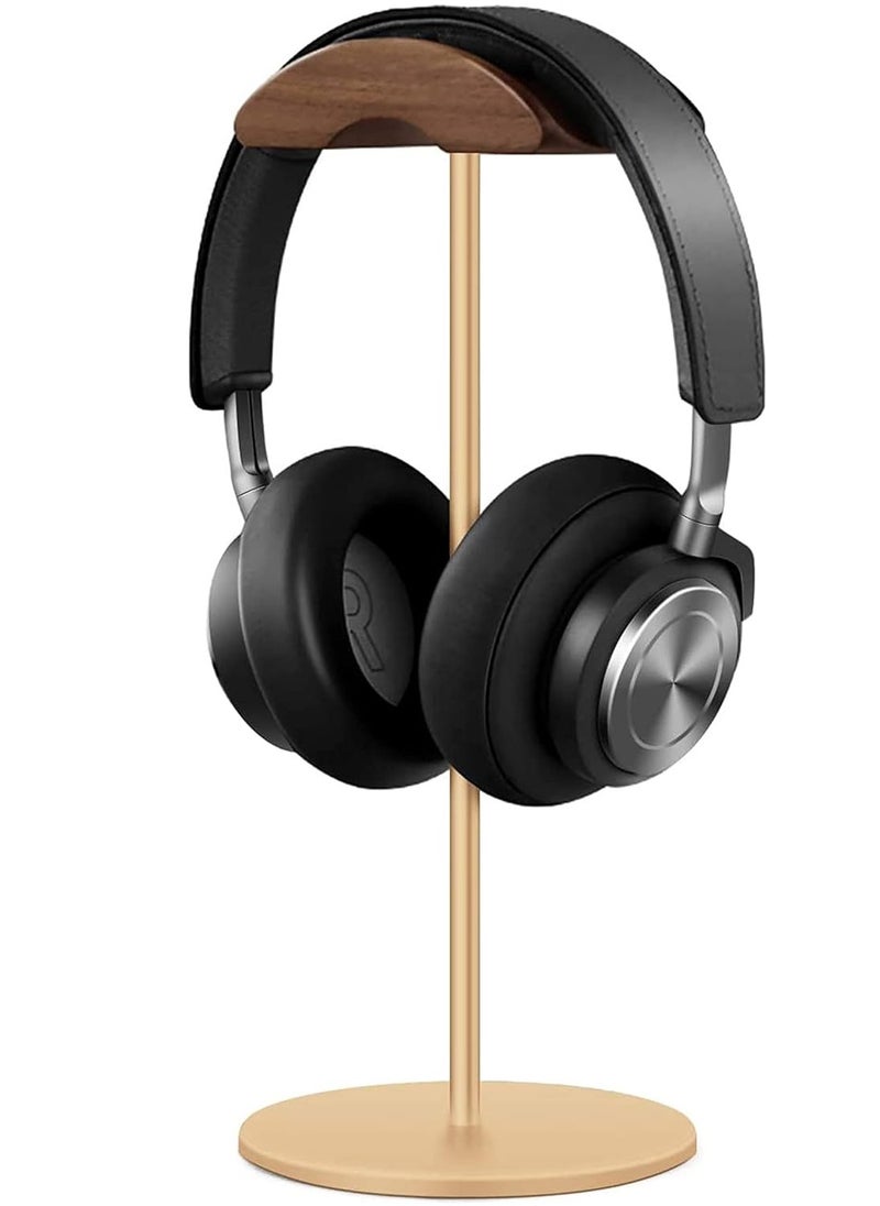 SYOSI Headphone Stand Walnut Wood Aluminum Headset Nature Gaming Holder with Solid Heavy Base for All Sizes Gold  - Image 1