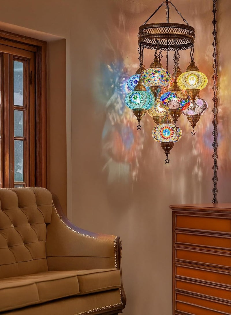 Quick Cart Turkish Mosaic Chandelier Multicolor 9-Globe Ceiling Lamp Hanging Pendant Light | Perfect for House warming, Birthday & Anniversery Gift | Perfect For Office & Hotel  - Image 3