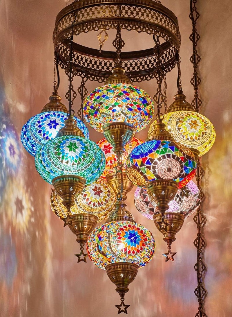 Quick Cart Turkish Mosaic Chandelier Multicolor 9-Globe Ceiling Lamp Hanging Pendant Light | Perfect for House warming, Birthday & Anniversery Gift | Perfect For Office & Hotel  - Image 2