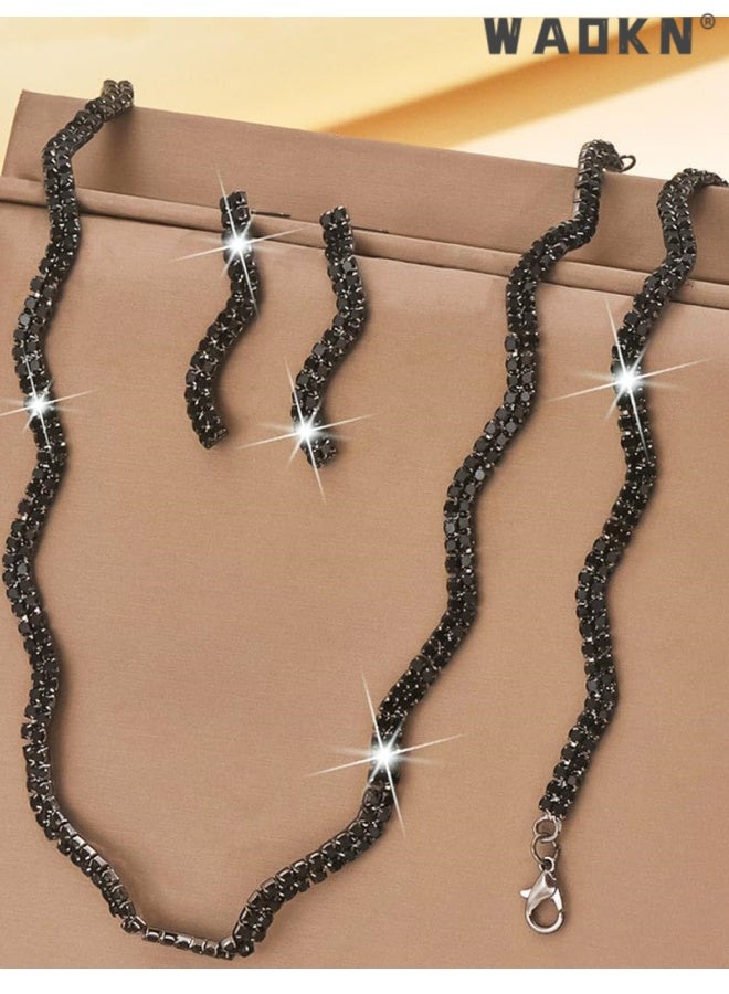 WAOKN 3pcs Rhinestones Bridal Wedding Jewelry Set , Choker Necklaces Earrings Bracelet Sets Prom Jewelry for Women and Brides , suitable for women , suitable for daily , shopping , appointment , abd wedding , black. - Image 5