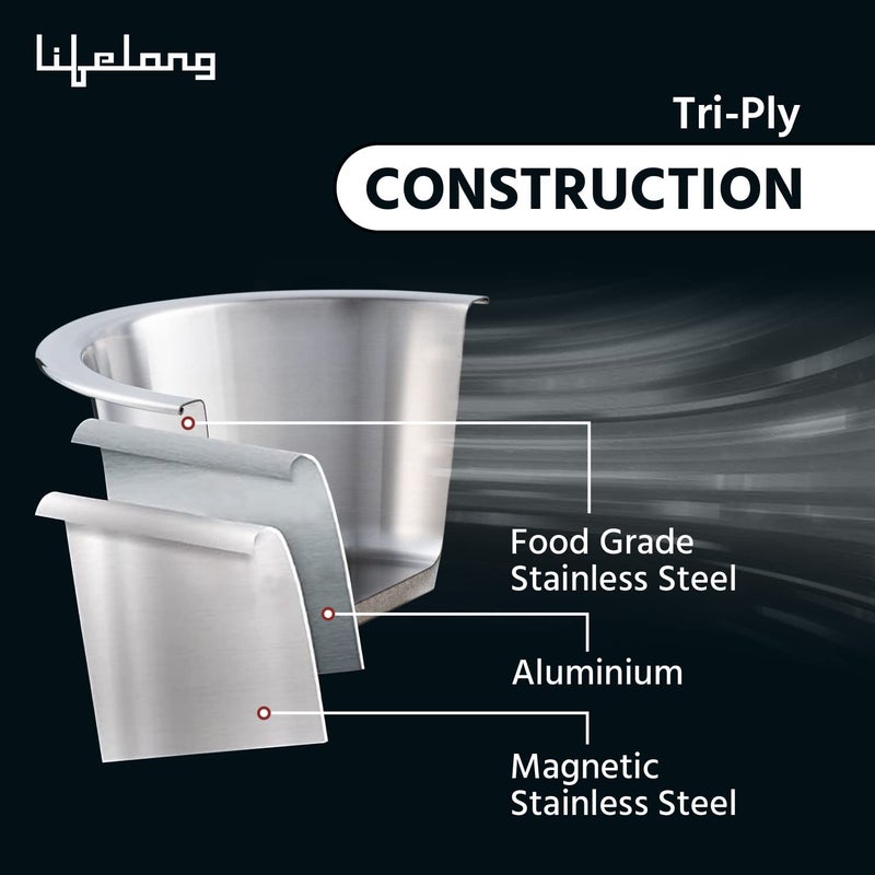 Lifelong LLTPC902 Triply Casserole with Riveted Handle with Stainless Steel Lid 21 litre Capacity 18 cm Diameter Induction Dishwasher and Gas Stove Friendly - Image 2
