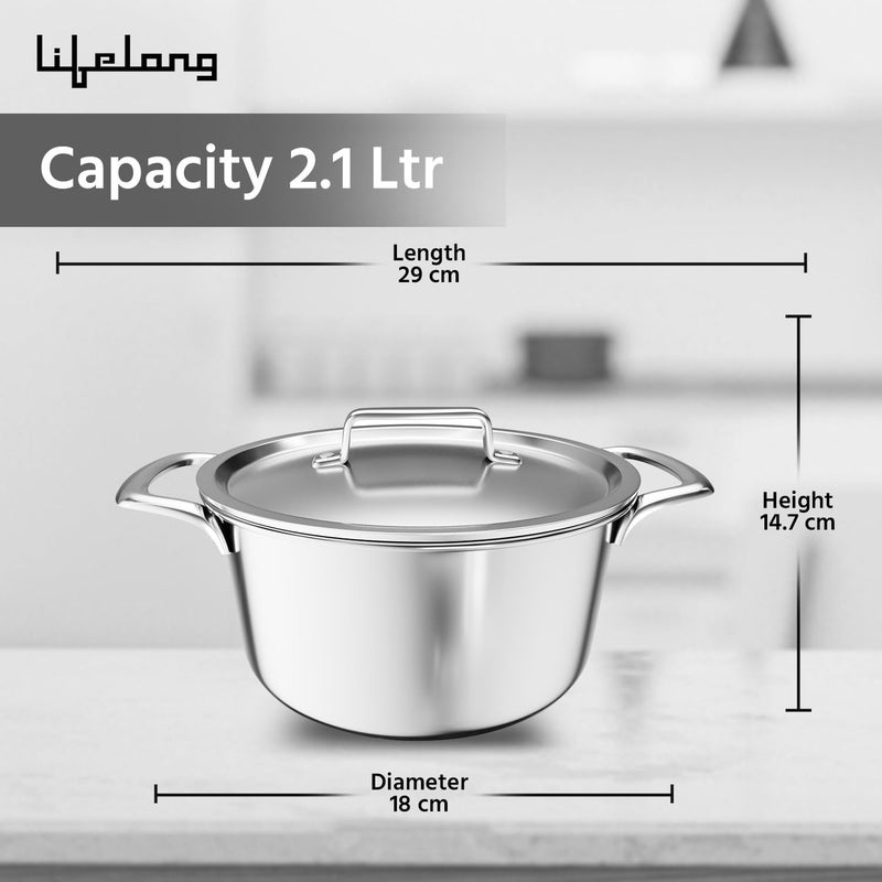 Lifelong LLTPC902 Triply Casserole with Riveted Handle with Stainless Steel Lid 21 litre Capacity 18 cm Diameter Induction Dishwasher and Gas Stove Friendly - Image 3