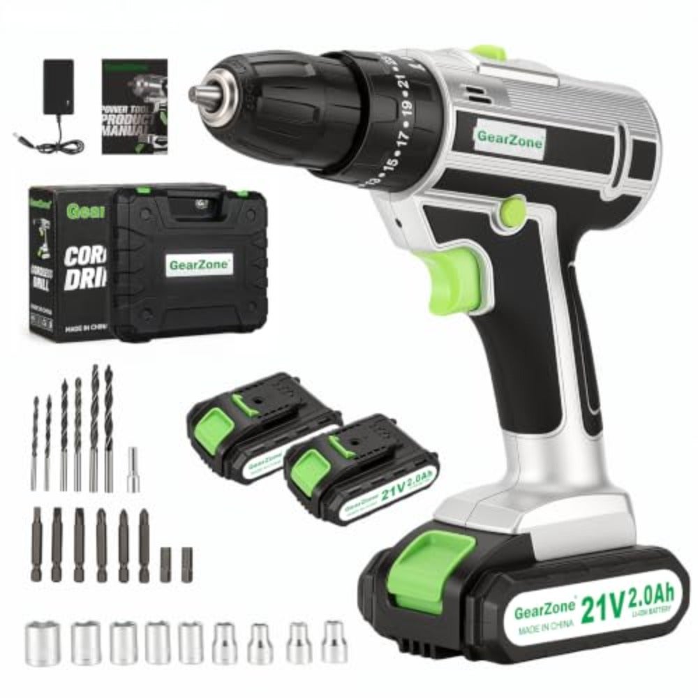 Power 21V Cordless Drill Driver 55N.m 3-in-1 Power Drill 3/8 Keyless Chuck 2 Speed 25+1 Torque LED Light 2 Batteries For Wood Metal Drilling Screwdriving