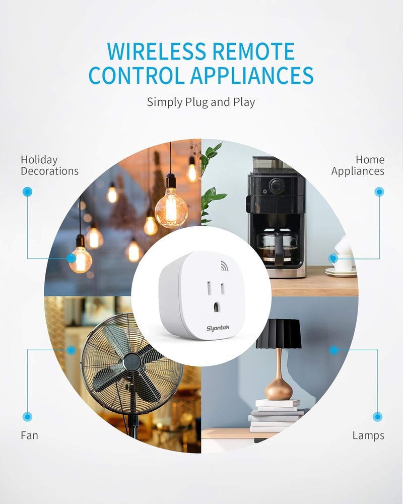 Syantek Remote Control Outlet Wireless Light Switch for Household Appliances, Expandable Remote Light Switch Kit, Up to 100 ft Range, FCC Certified, ETL Listed, White (5 Outlets + 2 Remotes) - Image 3