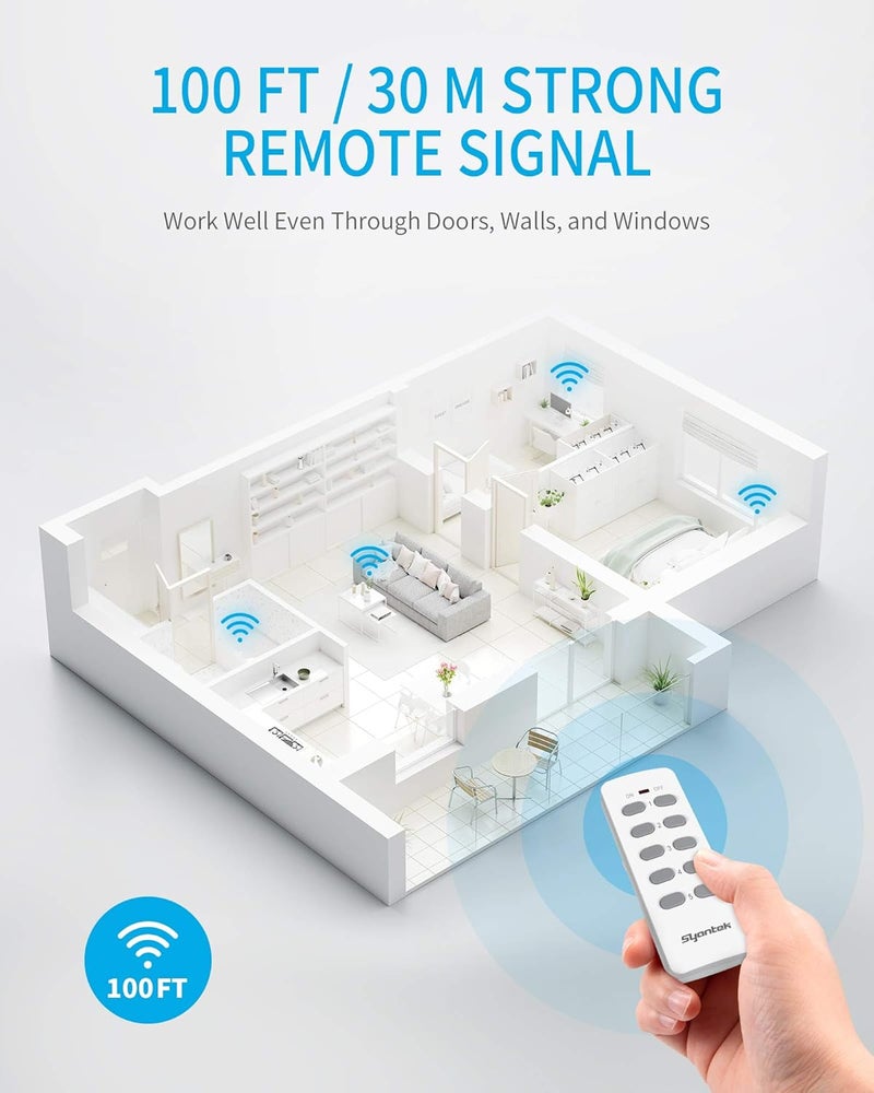 Syantek Remote Control Outlet Wireless Light Switch for Household Appliances, Expandable Remote Light Switch Kit, Up to 100 ft Range, FCC Certified, ETL Listed, White (5 Outlets + 2 Remotes) - Image 4
