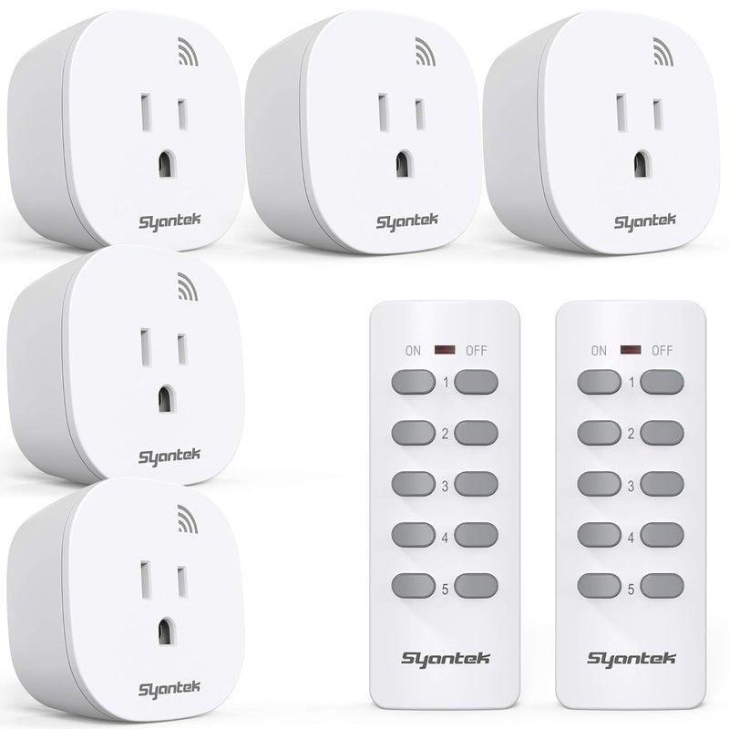 Syantek Remote Control Outlet Wireless Light Switch for Household Appliances, Expandable Remote Light Switch Kit, Up to 100 ft Range, FCC Certified, ETL Listed, White (5 Outlets + 2 Remotes) - Image 1