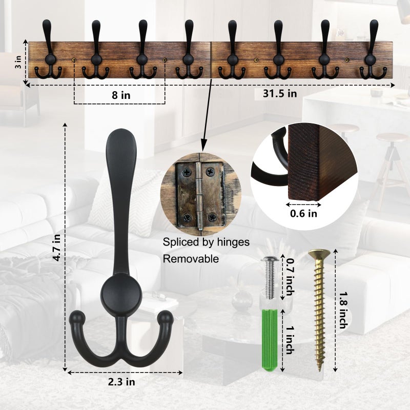 Homagic Coat Rack Wall Mount 31.5'' Coat Hanger Wall Mount Burnt Brown Coat Hooks for Wall Rustic Towel Racks for Bathroom Living Room Coat Hat Cloth - Image 2