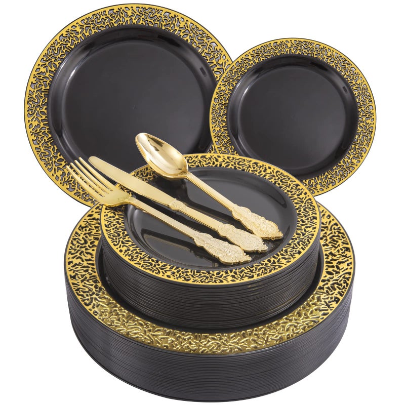 COLOSUS 175pcs Disposable Gold Plastic Party Plates and Silverware set Include Plastic Dinner PlateDessert PlateGold SilverwareCupNapkins 25pcs of each party Dinnerware Set for 25guests