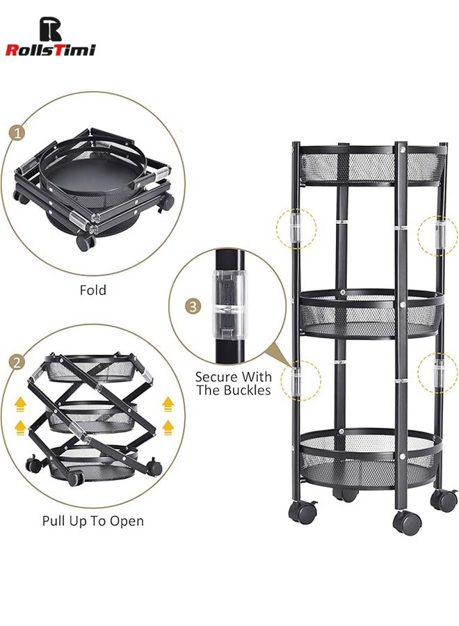 RollsTimi  3-Tier Metal Storage Rolling Cart, Foldable Utility Cart on Wheels, Versatile Serving Organizer Trolley with Lockable Wheels for Kitchen, Living Room, Bathroom, Black - Image 3