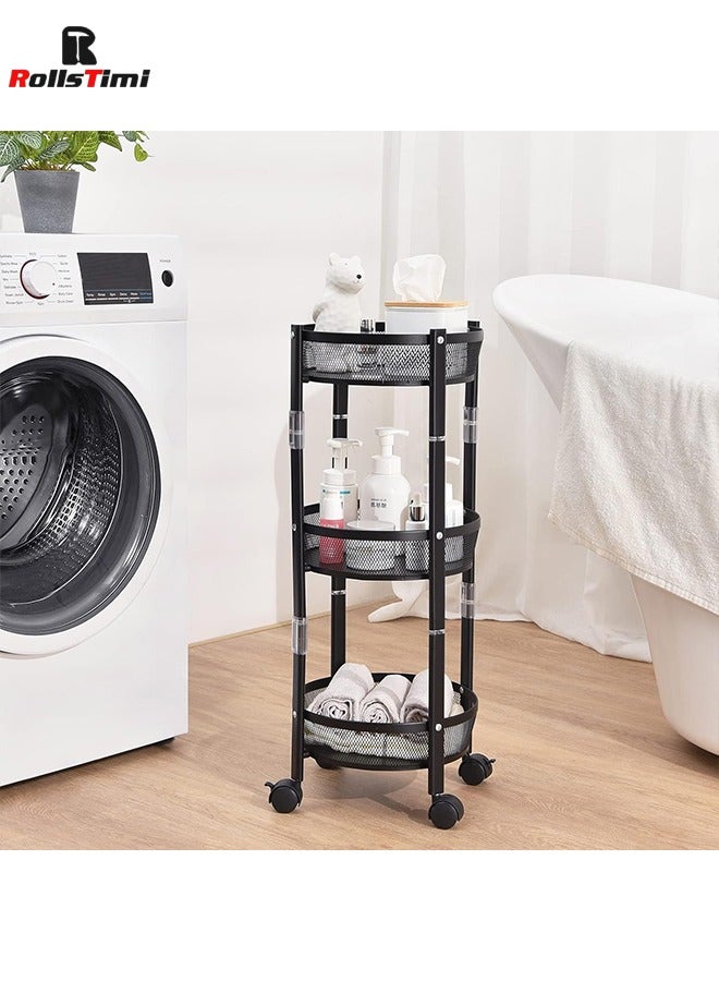 RollsTimi  3-Tier Metal Storage Rolling Cart, Foldable Utility Cart on Wheels, Versatile Serving Organizer Trolley with Lockable Wheels for Kitchen, Living Room, Bathroom, Black - Image 4