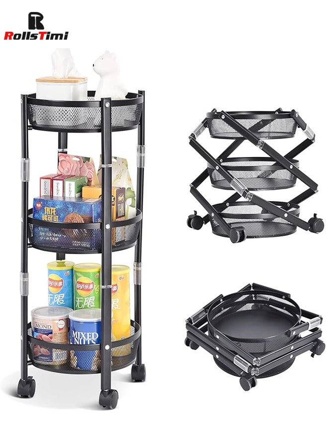RollsTimi  3-Tier Metal Storage Rolling Cart, Foldable Utility Cart on Wheels, Versatile Serving Organizer Trolley with Lockable Wheels for Kitchen, Living Room, Bathroom, Black - Image 2