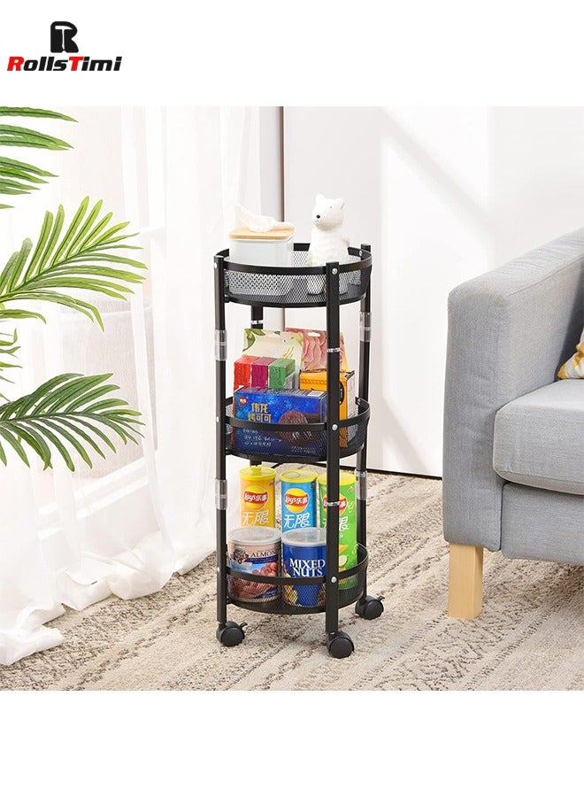 RollsTimi  3-Tier Metal Storage Rolling Cart, Foldable Utility Cart on Wheels, Versatile Serving Organizer Trolley with Lockable Wheels for Kitchen, Living Room, Bathroom, Black - Image 1