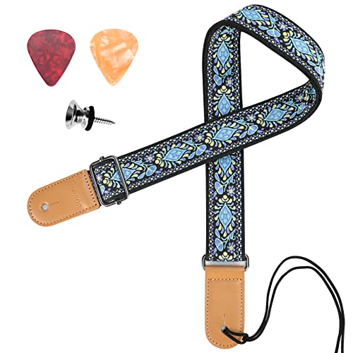 IHOBOR Ukulele Strap, Hawaiian Jacquard Blue Flower Ukelele Shoulder Strap, Suitable for Soprano Concert Tenor Baritone String Instruments - Image 1