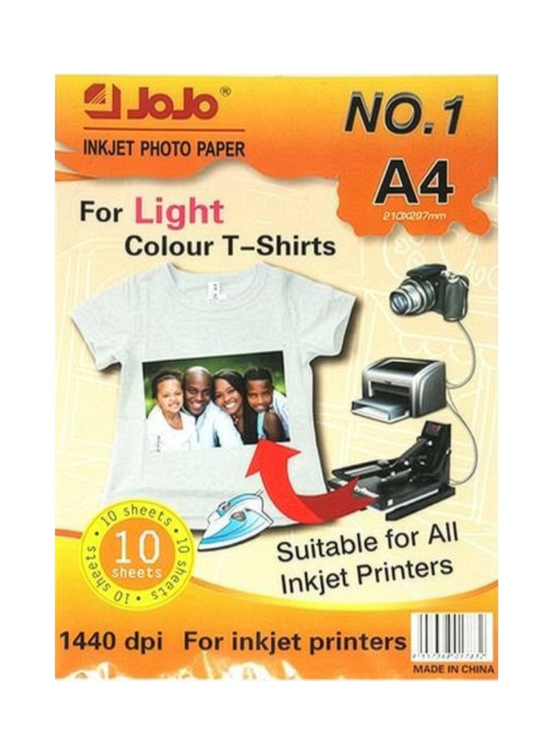 JOJO A4 Inkjet Transfer Paper for Light Fabrics, Heat Transfer Sheets, 1440 DPI, 10 Sheets - Image 1
