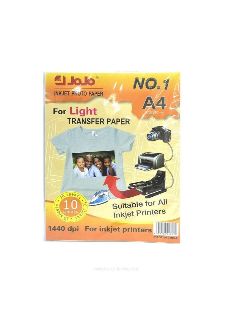 JOJO A4 InkJet Photo Paper for Light Transfer Paper, Suitable for Fabric Printing, Pack of 10 Sheets 