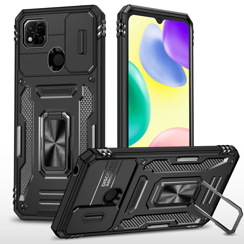 BURAQ Case Cover For Xiaomi Redmi 9C / 10A Armor PC + TPU Camera Shield Phone Case(Black) - Image 1