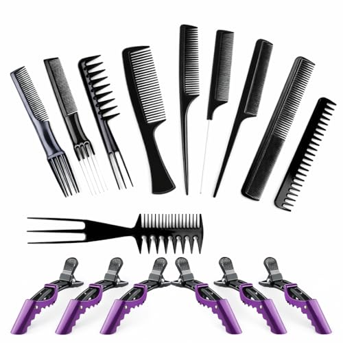 Sarbeau16Pcs Hair Combs Set for Women Men：10Pcs Hair Combs and 6Pcs Hair Clips, Rat Tail Combs, Teasing Combs,Barber Combs,Styling Combs,Can Meet Your Different Needs,Comb Set for Hair Black - Image 1