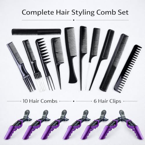 Sarbeau16Pcs Hair Combs Set for Women Men：10Pcs Hair Combs and 6Pcs Hair Clips, Rat Tail Combs, Teasing Combs,Barber Combs,Styling Combs,Can Meet Your Different Needs,Comb Set for Hair Black - Image 4