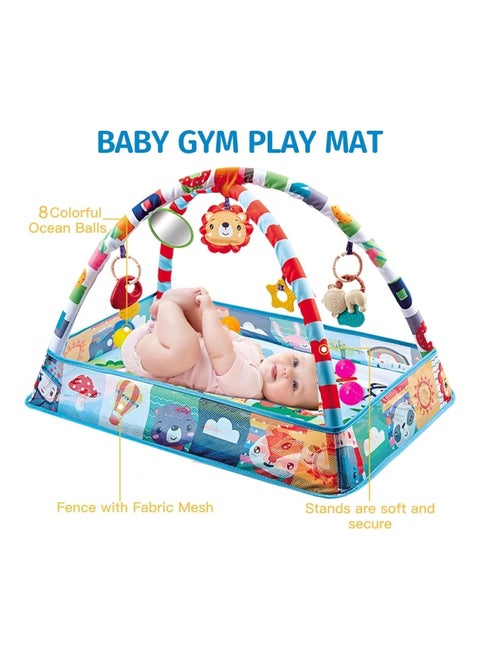 Baby Gym Play Mat for Floor Activity With 5 Hanging Sensory Toys and 8 Ocean Balls, Motor Skill Development Infant Play Gyms Mats for 0-36 Months, Blue