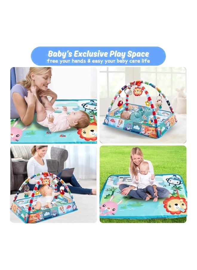 DMG TECH - Baby Gym Play Mat for Floor Activity With 5 Hanging Sensory Toys and 8 Ocean Balls, Motor Skill Development Infant Play Gyms Mats for 0-36 Months, Blue - Image 1