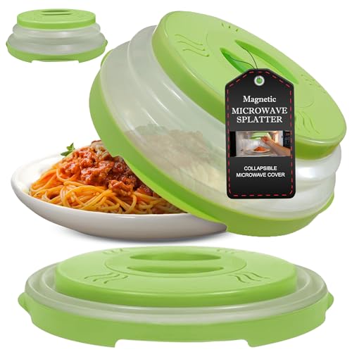 HOVER COVER Magnetic Microwave Splatter Cover 2.0, Collapsible 12-Inch BPA-Free Food Lid with Upgraded Magnets, Vented Plate Guard, Dishwasher Safe, Space-Saving Magnetic Storage - Green