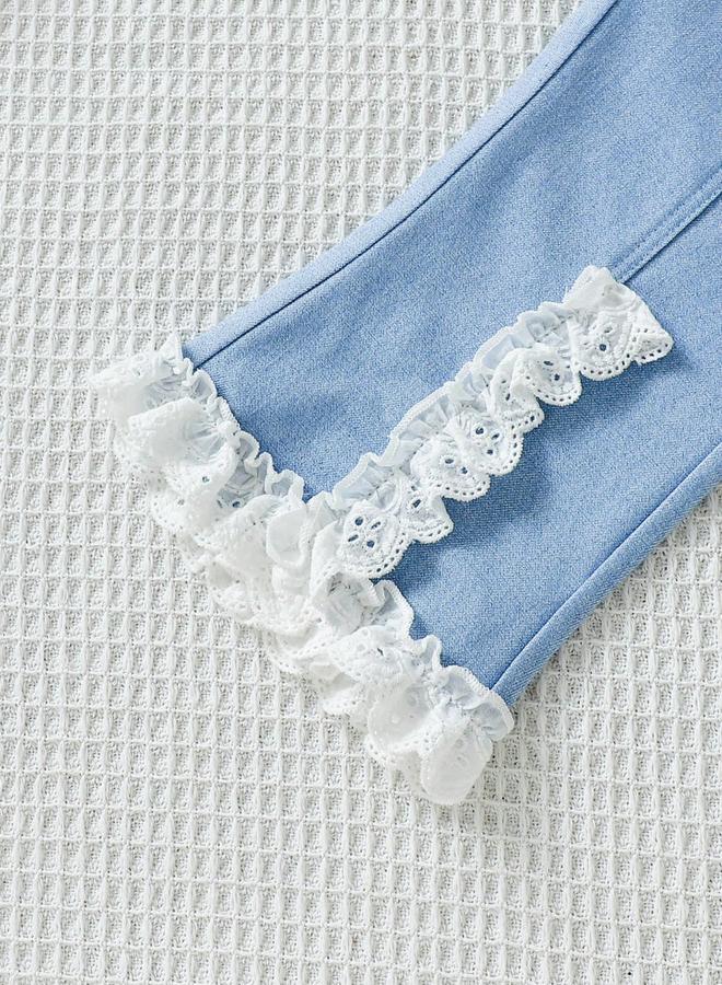 تايك تو طقم بناتي توب بحافة كشكش بنسيج بارز مع بنطال مزين بالدانتيل - Image 4