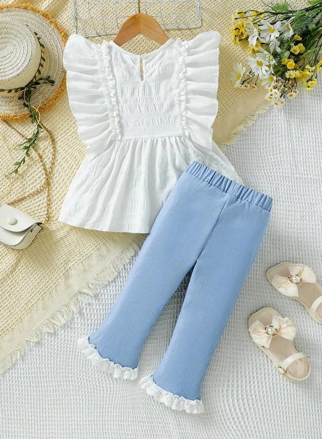 Take Two Take Two Girl Textured Ruffle Hem Top with Lace Insert Pants Set