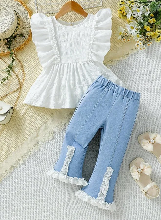 Take Two Take Two Girl Textured Ruffle Hem Top with Lace Insert Pants Set