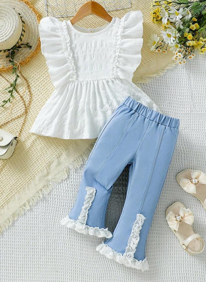 تايك تو طقم بناتي توب بحافة كشكش بنسيج بارز مع بنطال مزين بالدانتيل - Image 1