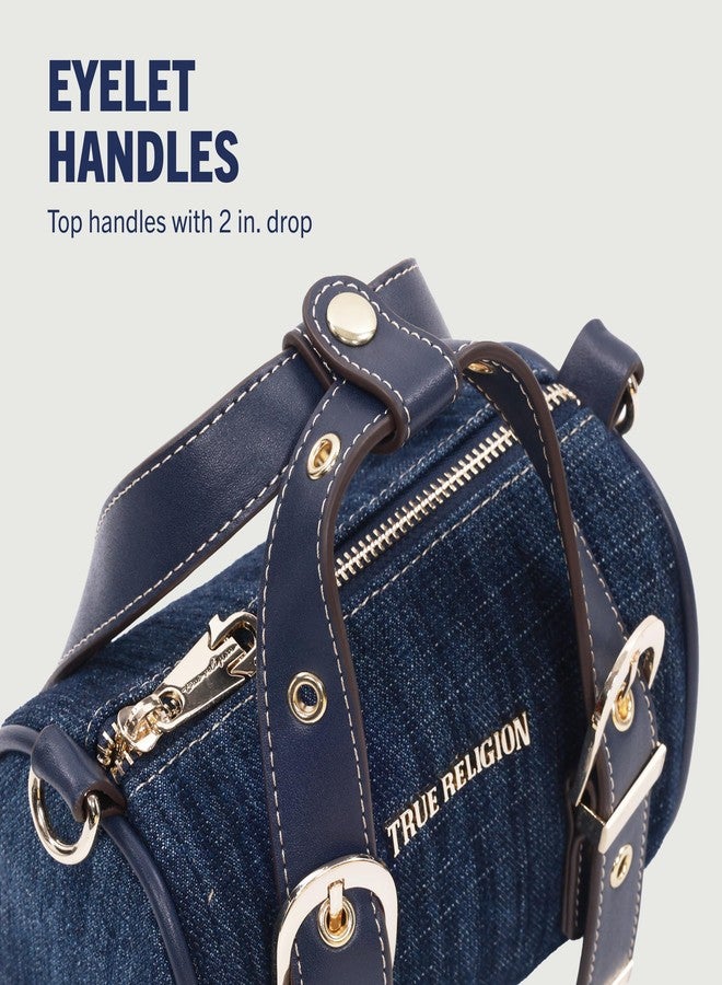 True Religion Denim Buckle Strap Mini Satchel Bag, Structured Dark Denim Crossbody Handbag, Dark Denim - Image 4