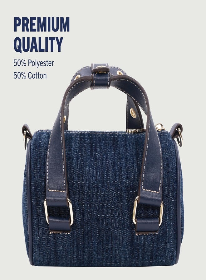 True Religion Denim Buckle Strap Mini Satchel Bag, Structured Dark Denim Crossbody Handbag, Dark Denim - Image 5