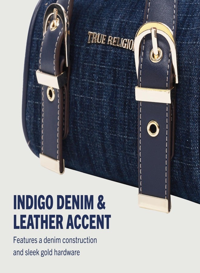 True Religion Denim Buckle Strap Mini Satchel Bag, Structured Dark Denim Crossbody Handbag, Dark Denim - Image 3