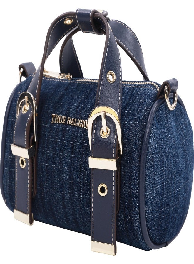 True Religion Denim Buckle Strap Mini Satchel Bag, Structured Dark Denim Crossbody Handbag, Dark Denim - Image 1