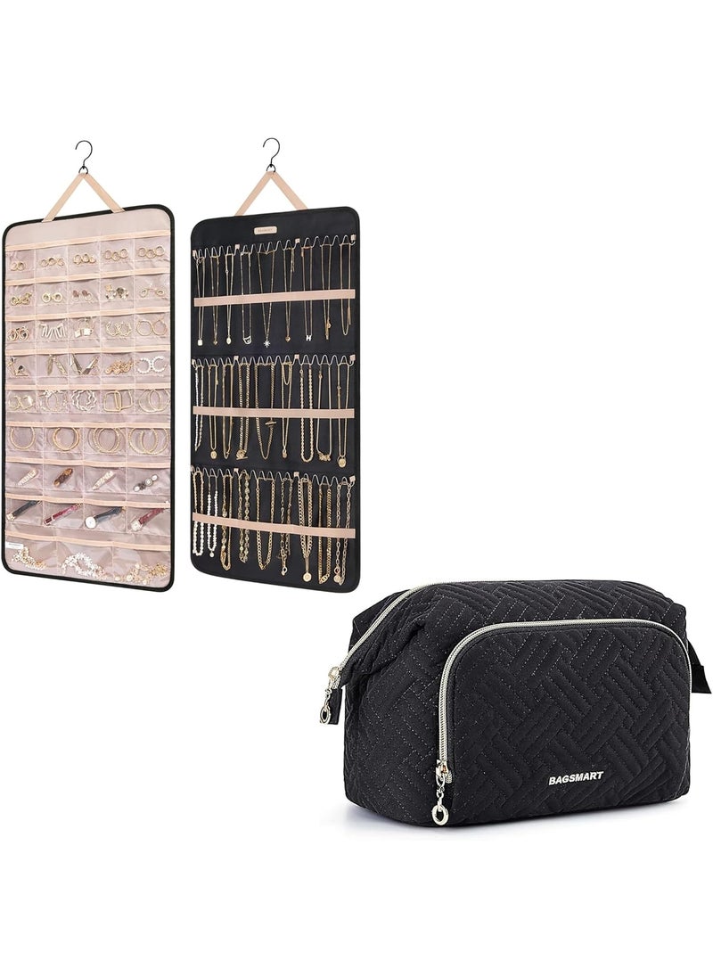 BAGSMART BAGSMART Hanging Jewelry Organizer with Travel Makeup Bag Cosmetic Bag Make Up Organizer Case Storage Roll with Hanger Metal Hooks DoubleSided Jewelry Holder  - Image 1
