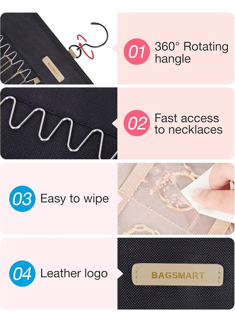 BAGSMART BAGSMART Hanging Jewelry Organizer with Travel Makeup Bag Cosmetic Bag Make Up Organizer Case Storage Roll with Hanger Metal Hooks DoubleSided Jewelry Holder  - Image 4