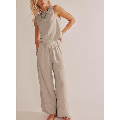 SeeLuNa Linen Pants for Women Cotton Baggy Boho Casual Palazzo Pants Wide Leg Long Lounge Trousers with Pockets(Khaki, XL) - Image 3