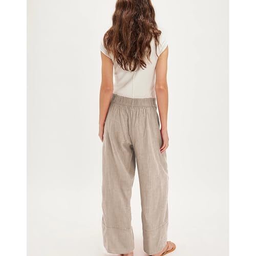 SeeLuNa Linen Pants for Women Cotton Baggy Boho Casual Palazzo Pants Wide Leg Long Lounge Trousers with Pockets(Khaki, XL) - Image 2