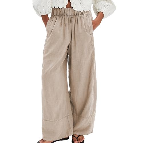 SeeLuNa Linen Pants for Women Cotton Baggy Boho Casual Palazzo Pants Wide Leg Long Lounge Trousers with Pockets(Khaki, XL) - Image 1