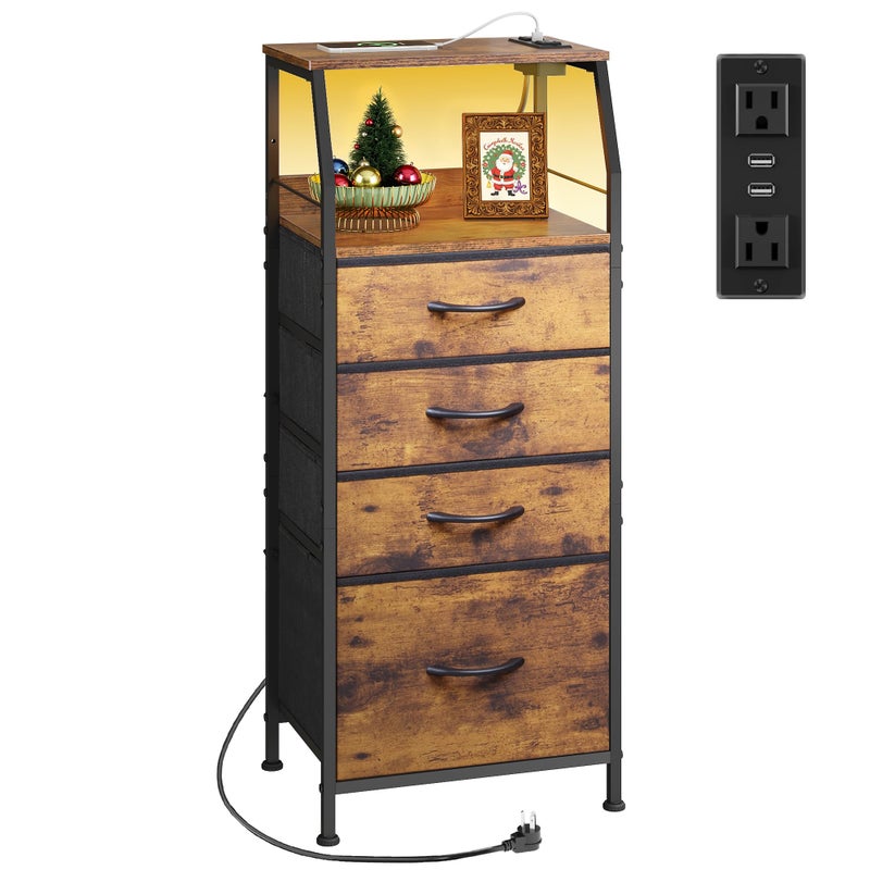WLIVE 4 Drawer Dresser for Bedroom, 37" H Nightstand with Charging Station and Led Light, Tall Night Stand Bed Side Table, End Table with USB Ports and Outlets, Fabric Bins, Wood Shelf, Rustic Brown - Image 1