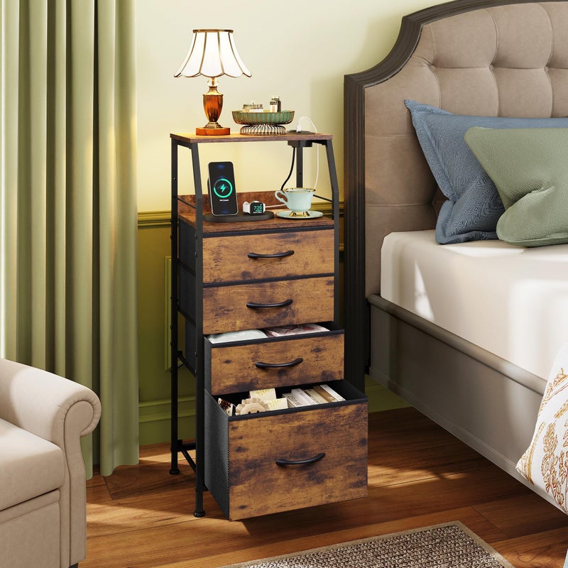 WLIVE 4 Drawer Dresser for Bedroom, 37" H Nightstand with Charging Station and Led Light, Tall Night Stand Bed Side Table, End Table with USB Ports and Outlets, Fabric Bins, Wood Shelf, Rustic Brown - Image 2