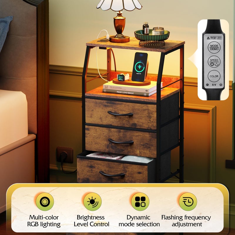 WLIVE 4 Drawer Dresser for Bedroom, 37" H Nightstand with Charging Station and Led Light, Tall Night Stand Bed Side Table, End Table with USB Ports and Outlets, Fabric Bins, Wood Shelf, Rustic Brown - Image 4