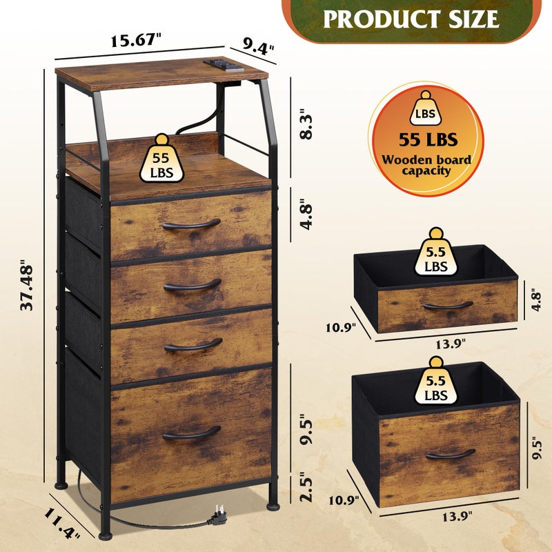 WLIVE 4 Drawer Dresser for Bedroom, 37" H Nightstand with Charging Station and Led Light, Tall Night Stand Bed Side Table, End Table with USB Ports and Outlets, Fabric Bins, Wood Shelf, Rustic Brown - Image 3