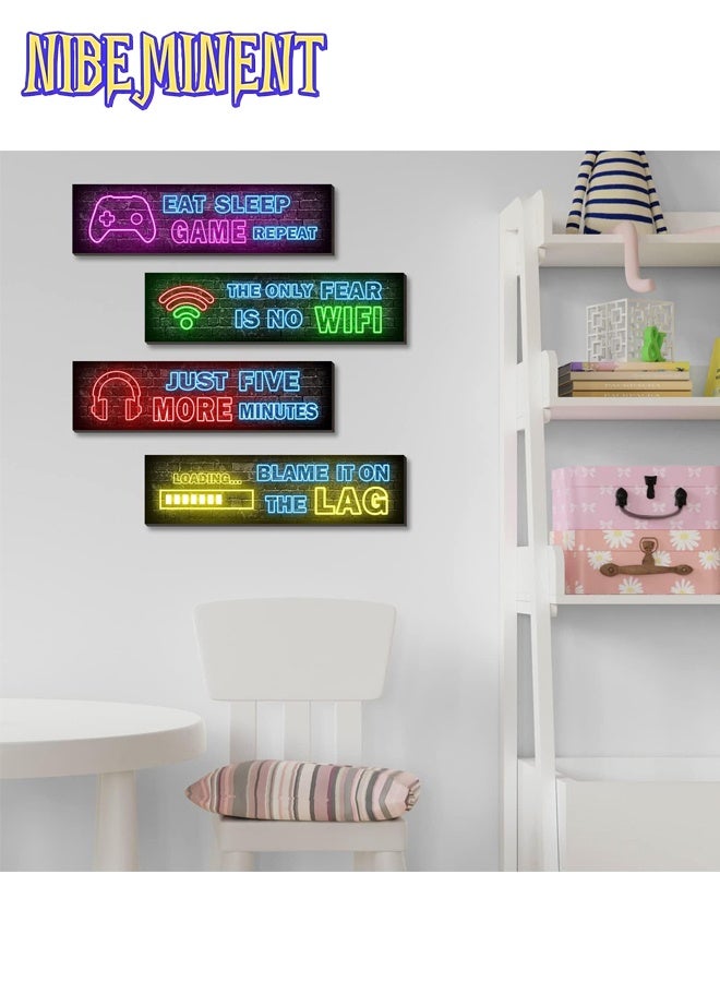 NIBEMINENT 4 Pcs Wooden Printed Neon Gaming Posters, Decorative Wall Art Painting, Game Room By Neon Themed Wall Art, Teen Boys Room Decorations, gamer wall Decor for bedroom Multicolor - Image 2