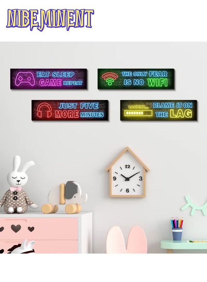 NIBEMINENT 4 Pcs Wooden Printed Neon Gaming Posters, Decorative Wall Art Painting, Game Room By Neon Themed Wall Art, Teen Boys Room Decorations, gamer wall Decor for bedroom Multicolor - Image 4