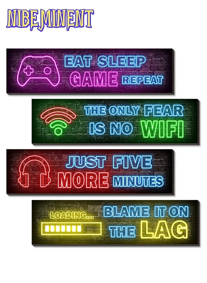 NIBEMINENT 4 Pcs Wooden Printed Neon Gaming Posters, Decorative Wall Art Painting, Game Room By Neon Themed Wall Art, Teen Boys Room Decorations, gamer wall Decor for bedroom Multicolor - Image 1