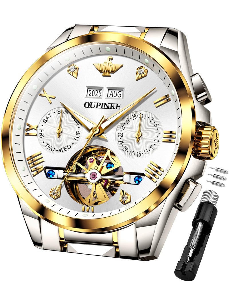OUPINKE Men's Automatic Watch 44mm Big Dial,Luxury Mechanical Wristwatch,Sapphire Crystal Glass,50M Waterproof, Tungsten Steel with Date Display (White Dial,Two Tone Tungsten Steel Strap) - Image 1