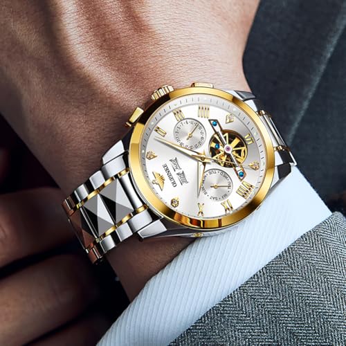 OUPINKE Men's Automatic Watch 44mm Big Dial,Luxury Mechanical Wristwatch,Sapphire Crystal Glass,50M Waterproof, Tungsten Steel with Date Display (White Dial,Two Tone Tungsten Steel Strap) - Image 2