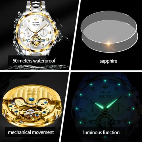 OUPINKE Men's Automatic Watch 44mm Big Dial,Luxury Mechanical Wristwatch,Sapphire Crystal Glass,50M Waterproof, Tungsten Steel with Date Display (White Dial,Two Tone Tungsten Steel Strap) - Image 4